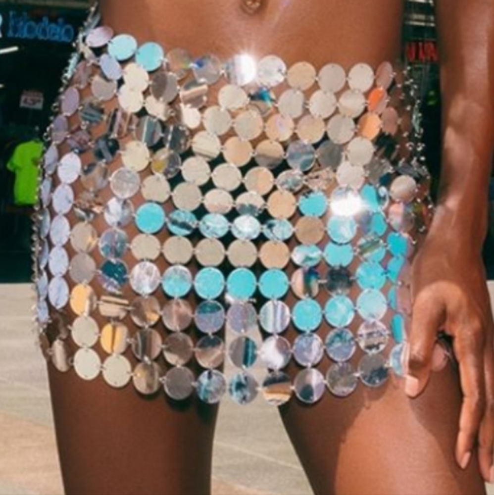 Pretty Little Thing Silver Sequinced Body Chain Mini Skirt Sz M/L